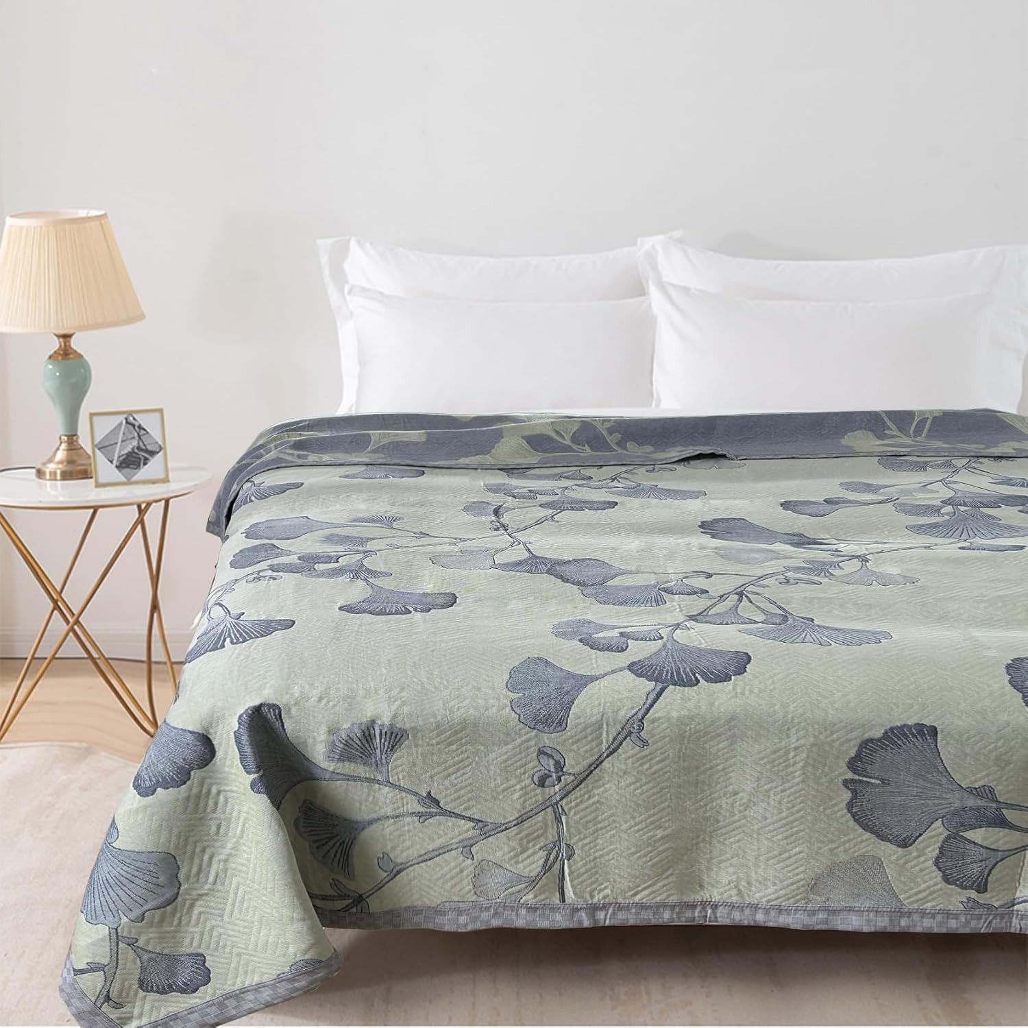Ginkgo Leaf Cotton Quilt Green Gray Reversible King Size Bedspread Coverlet f…