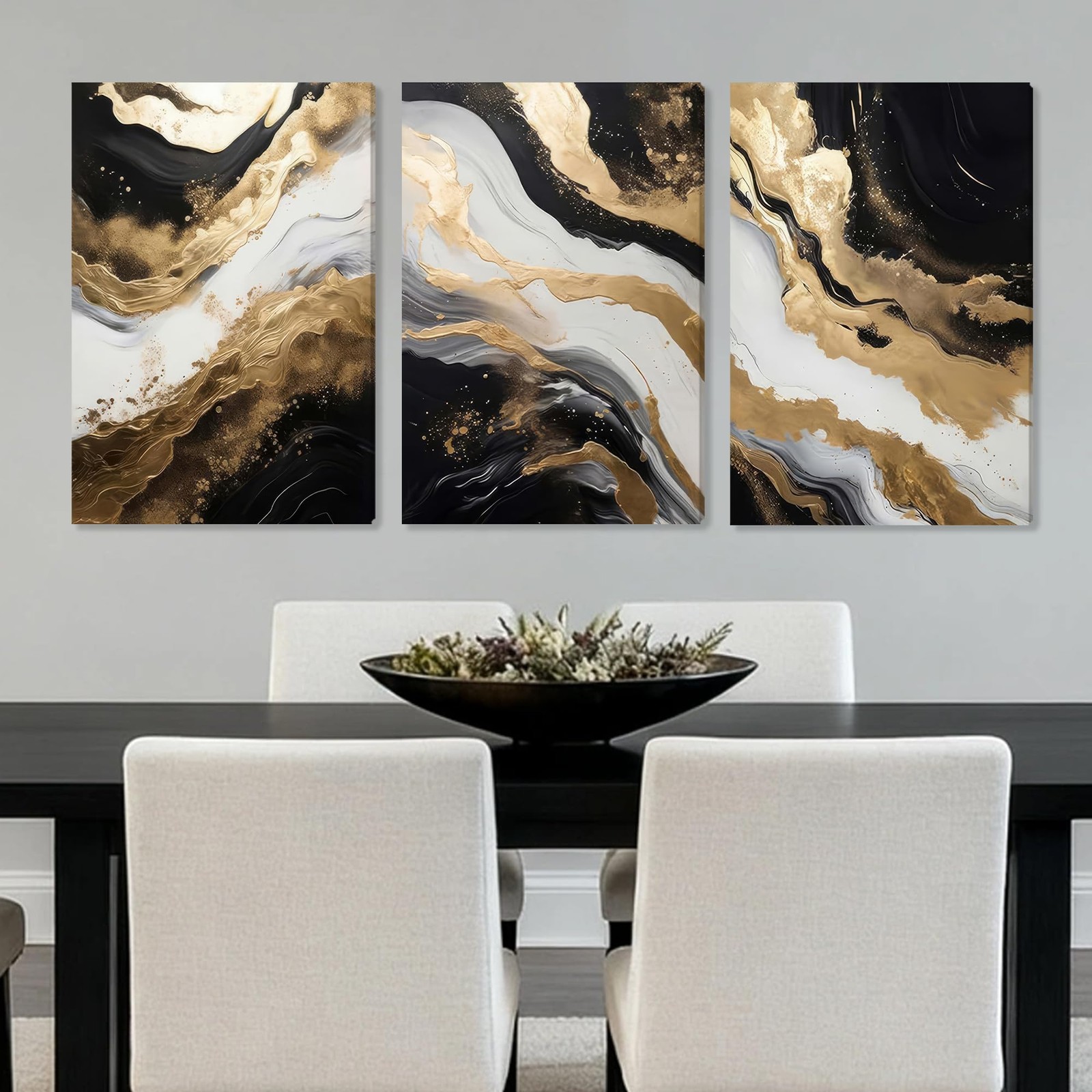 Triptych Black White Gold Wrapped Canvas Wall Art 20×30 inches x3