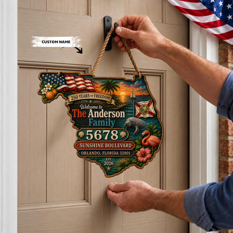Personalized Florida Patriotic American Wooden Sign with Rope