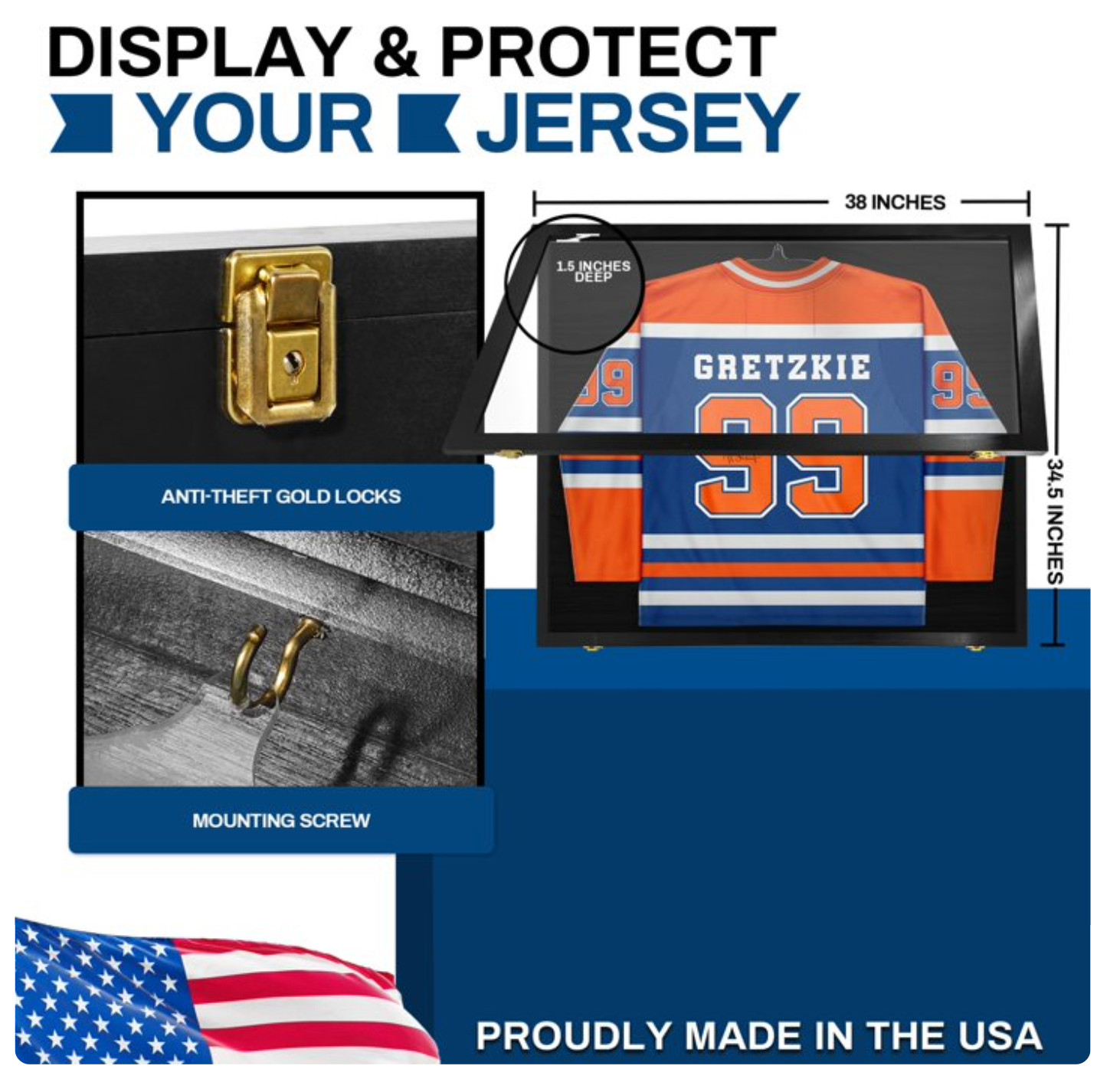 Jersey Display Case 38 x 35 In XXXL Black Uniform Wood Frame USA Wall Cabinet