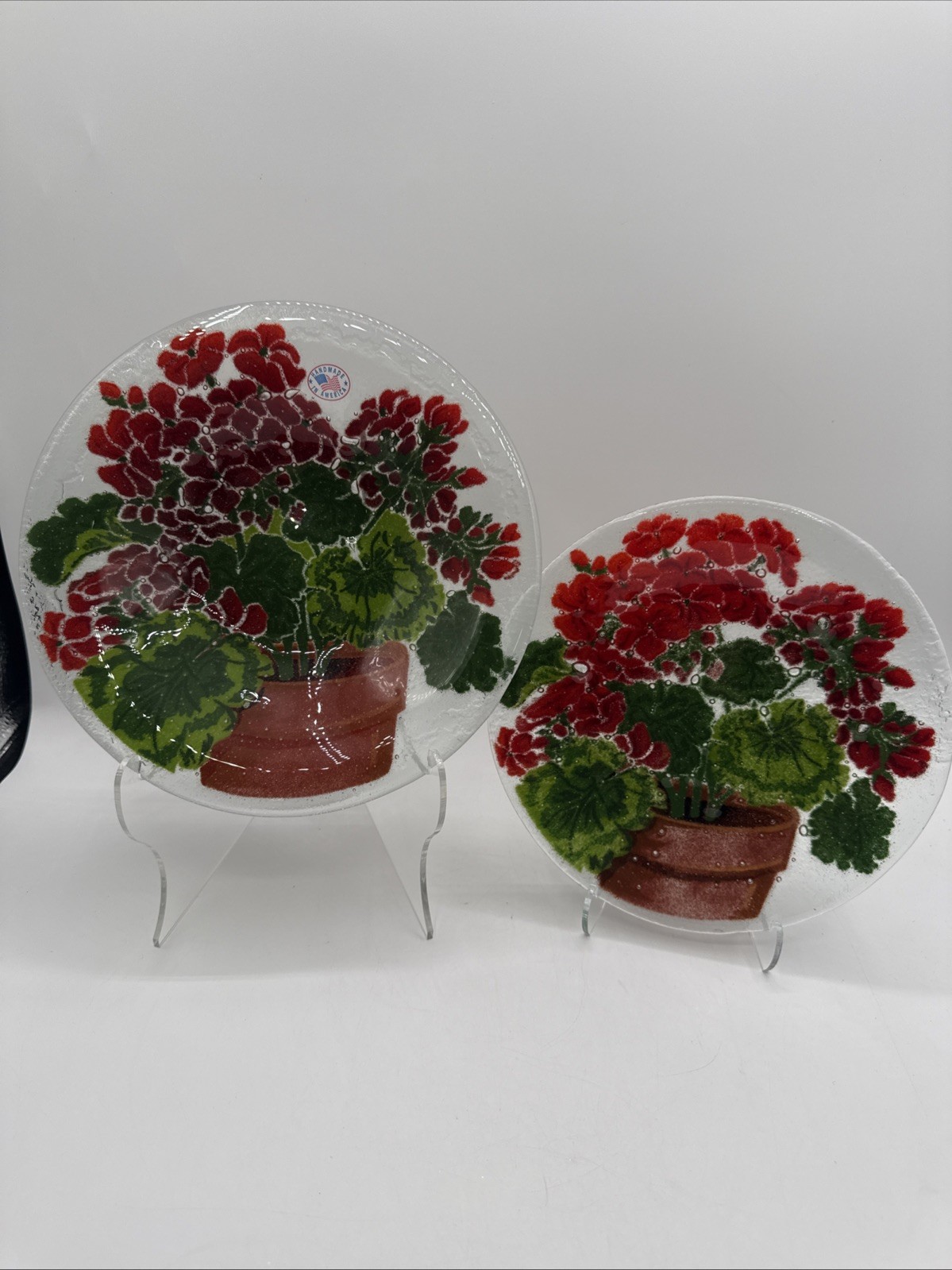 Peggy Karr fused art glass Geranium Flowers Bowl 8-1/2” & Plate 7-5/8”