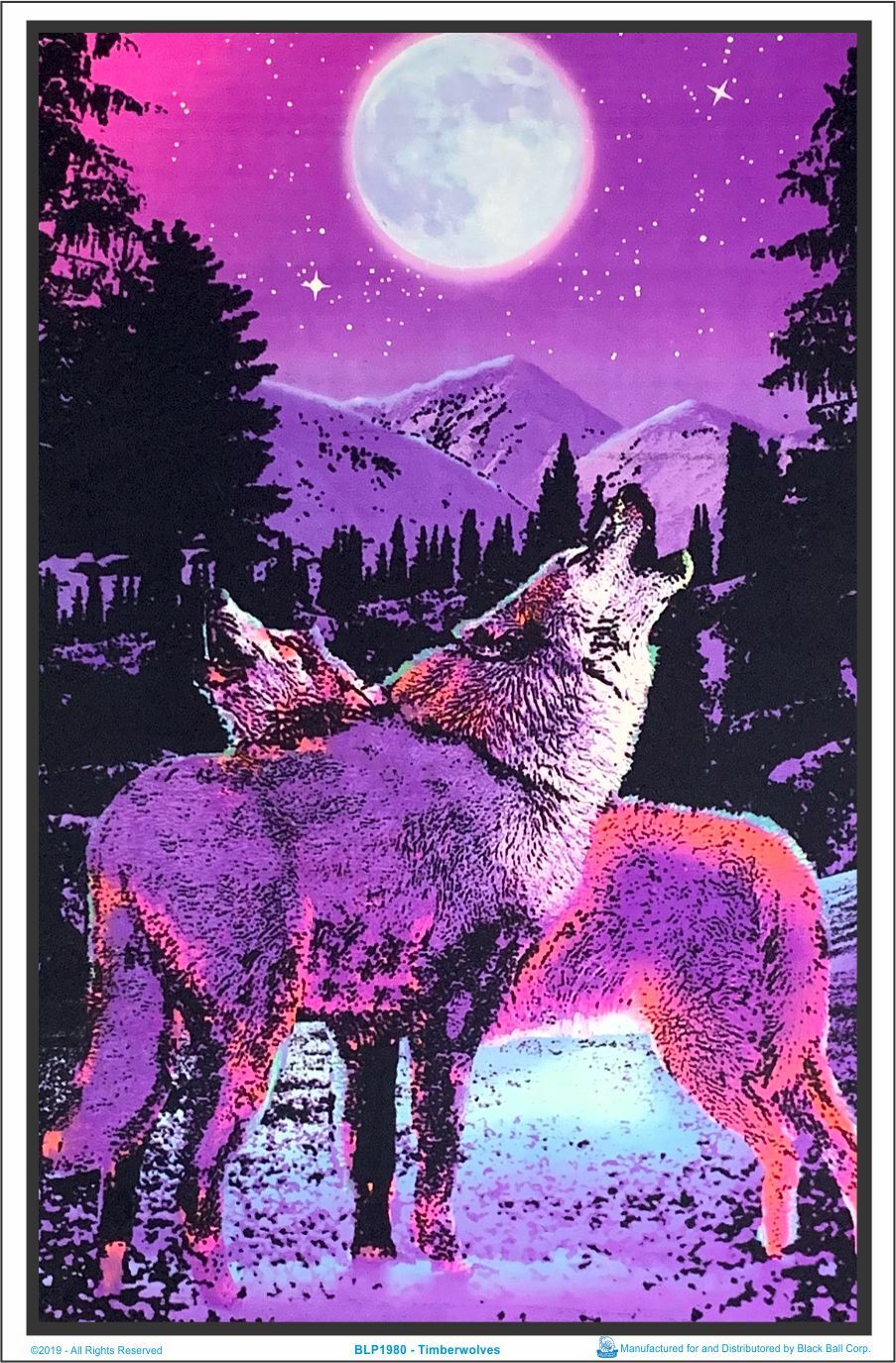 Timberwolves Flocked Blacklight Poster 23&Prime; x 35&Prime; Two Wolves Under Moonlight