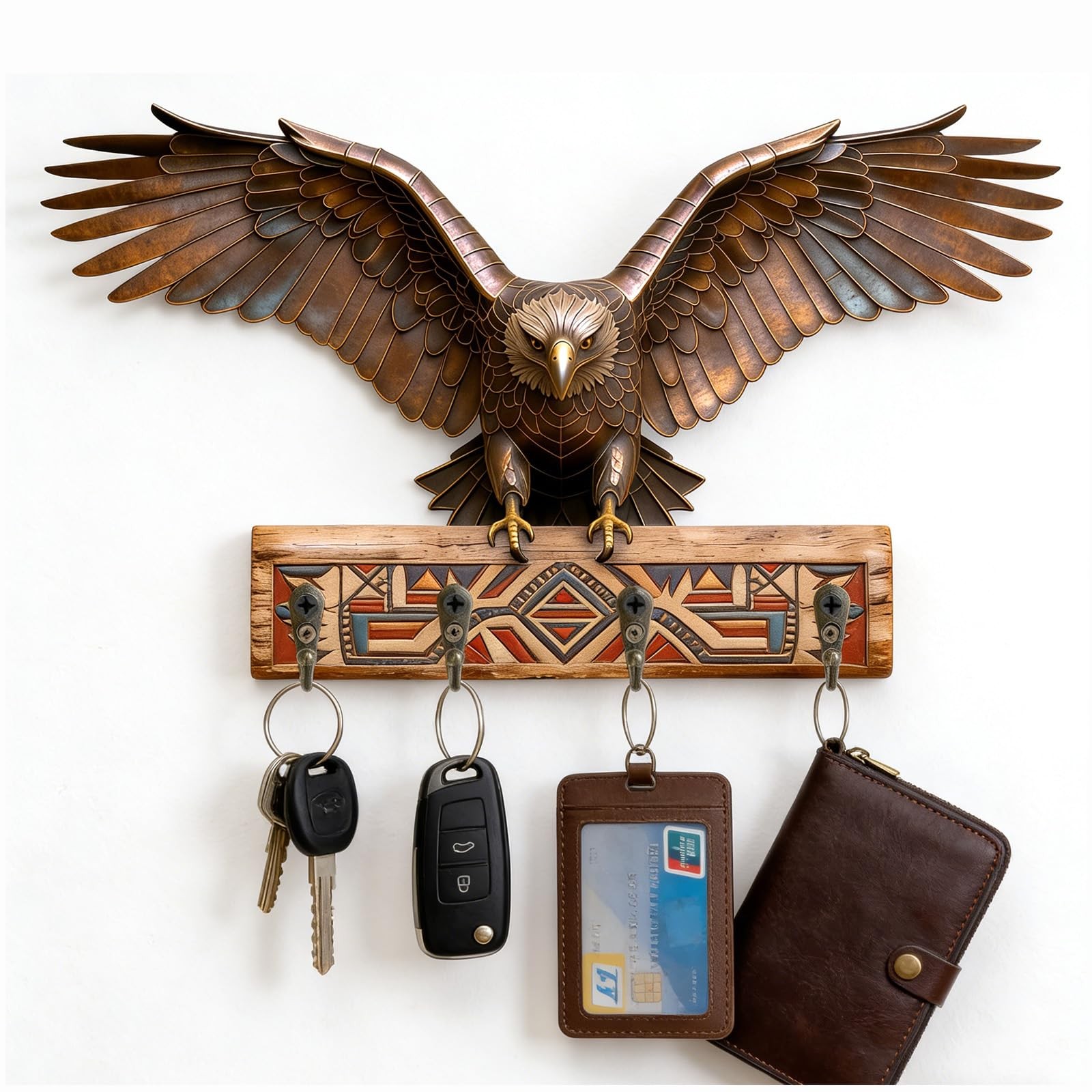 Wooden Wall Art Decor with 4 Rustic Hooks, Eagle Treasure Chest Design Key Ho…