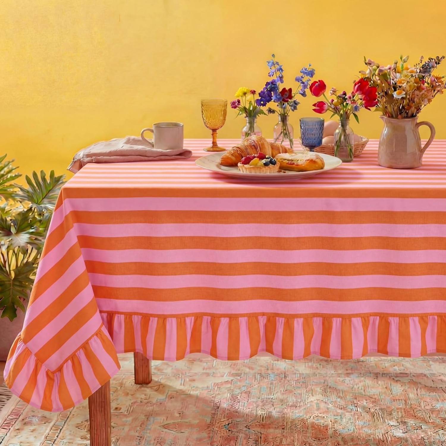 Ruffle Edge Striped Tablecloth 84 » x 60 » Scalloped Table Cover Linen Feel
