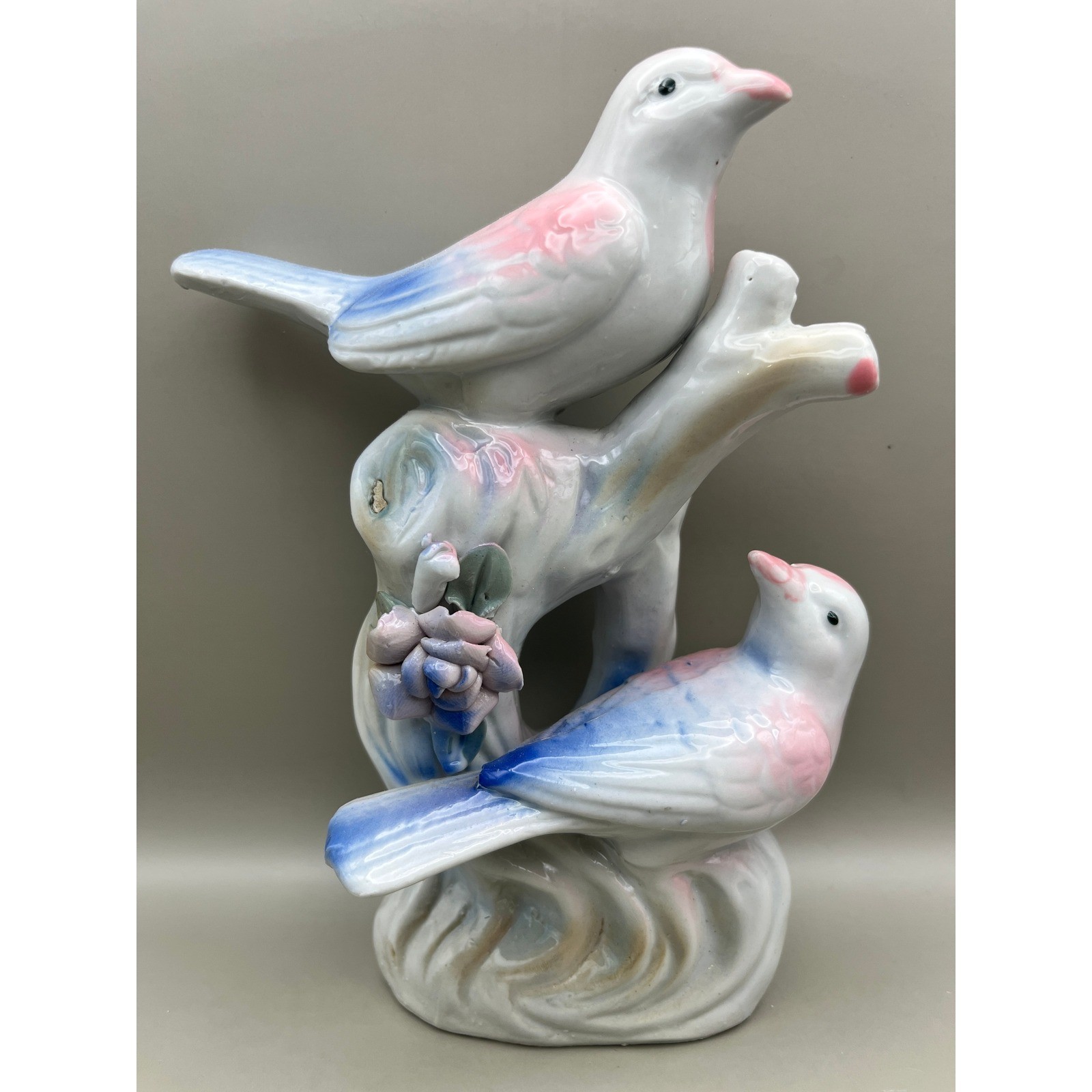 Vtg Porcelain Birds Dove Tree Figurine Pink Blue Iridescent Made in China 7.5&Prime;