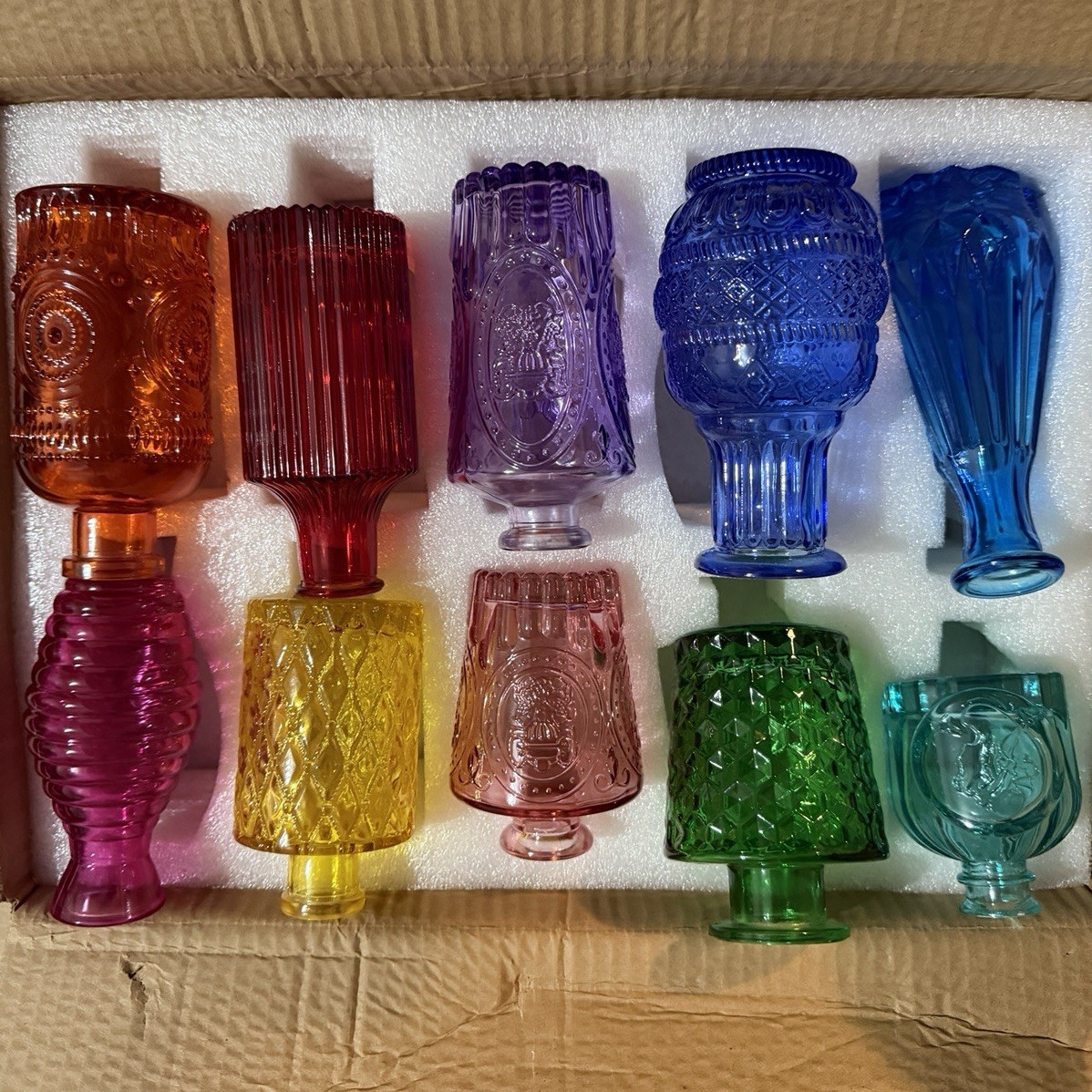 Set of 10 Multicolor Glass Bud Vases, Decorative Abstract, Freestanding