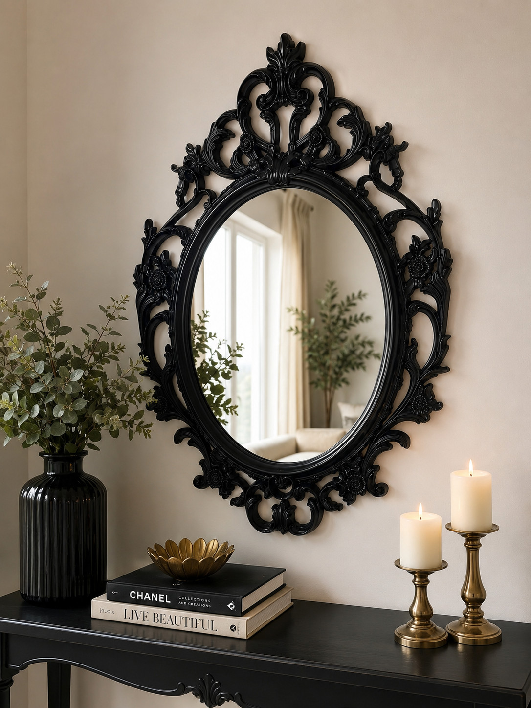 Vintage Hollywood Regency Black Ornate Wall Mirror Baroque Rococo 34&Prime; IKEA