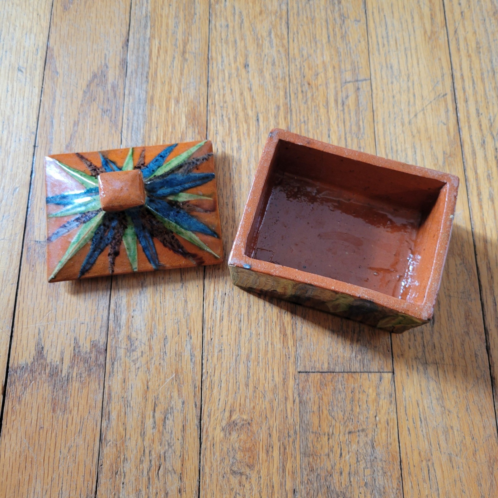 Vintage Terracotta Trinket Box Hand Painted Starburst Glossy Glaze Ethnic Decor