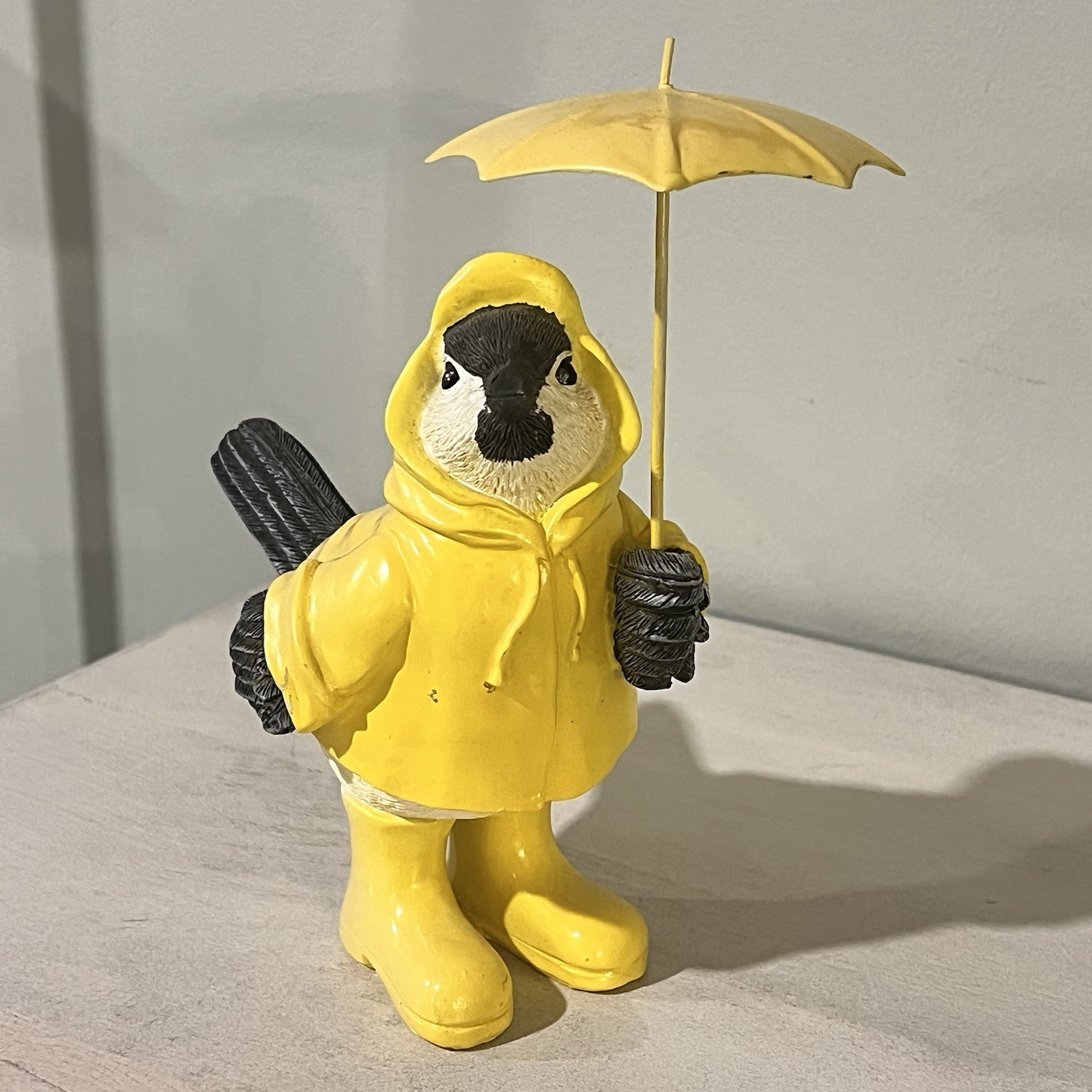 Cute Decor Bird Figurine In Raincoat And Umbrella Plastic Contemporary 7.75&Prime;