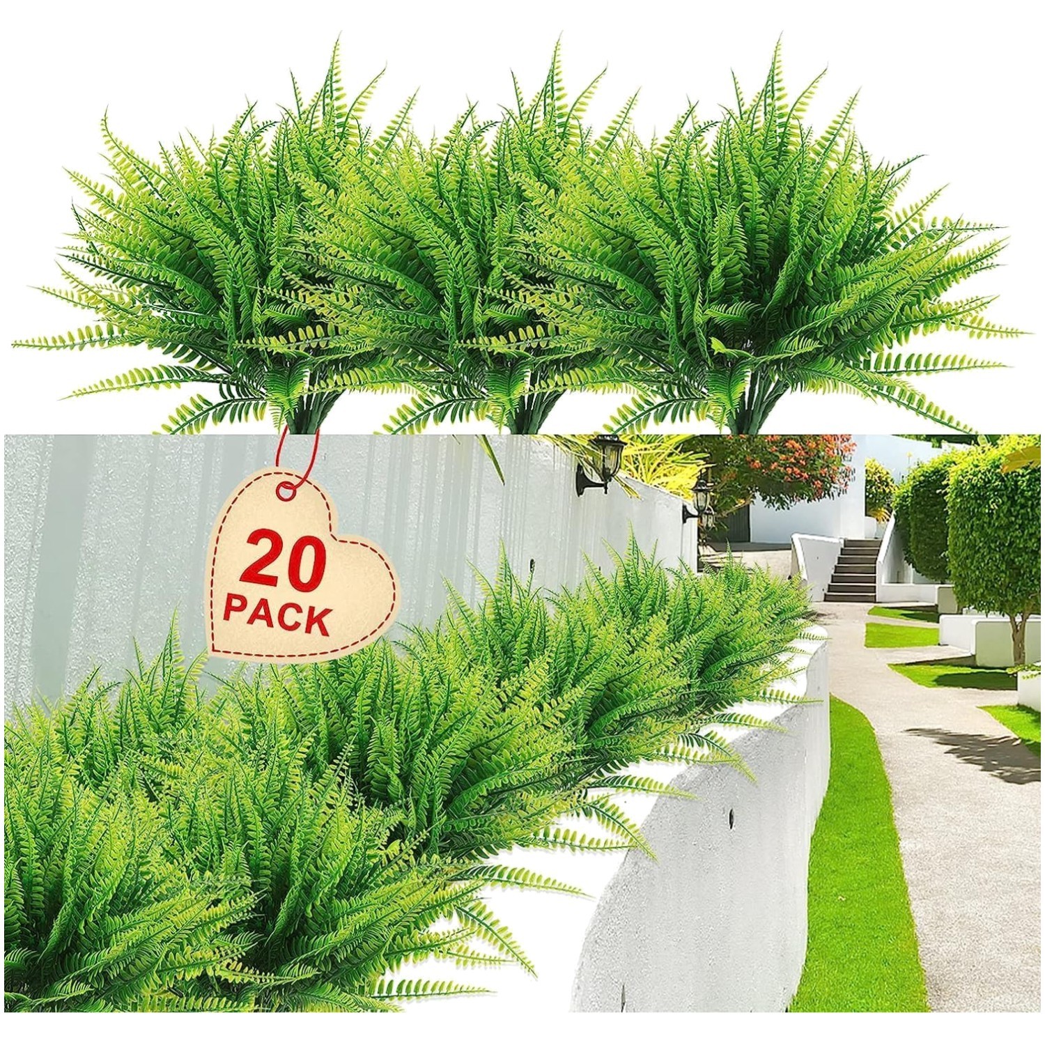UV Resistant Artificial Boston Fern Plants – 20 Pack