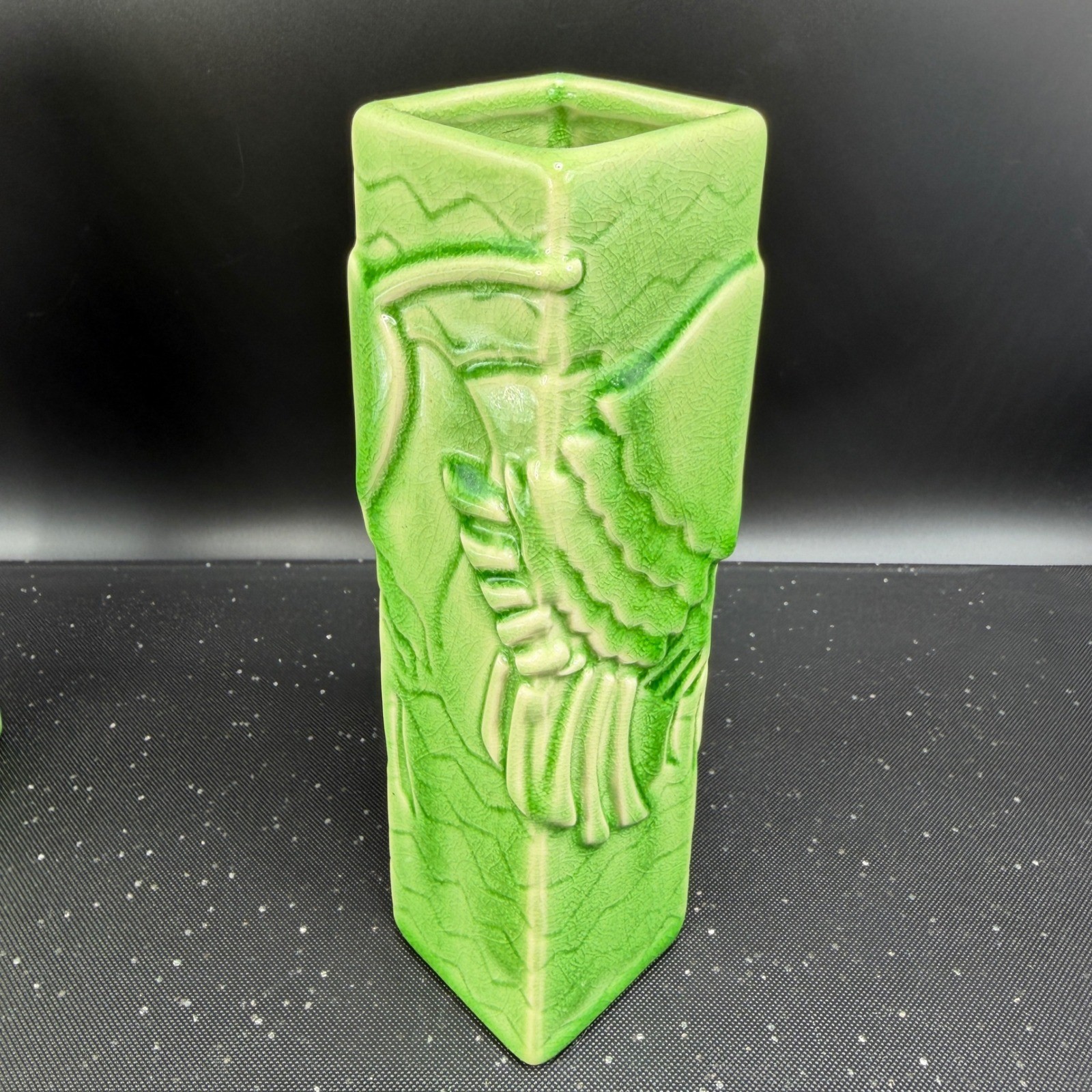 Global Views Green Crackle Glaze Ceramic Bud Vases Set of 2 Geometric Relief 8in