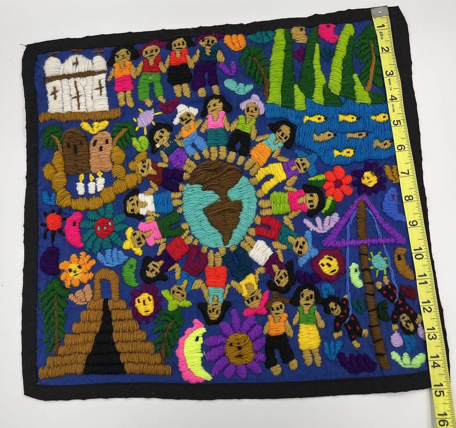 Hand Embroidered Tapestry Unknown Origin Bright and Colorful 15.5 x 15