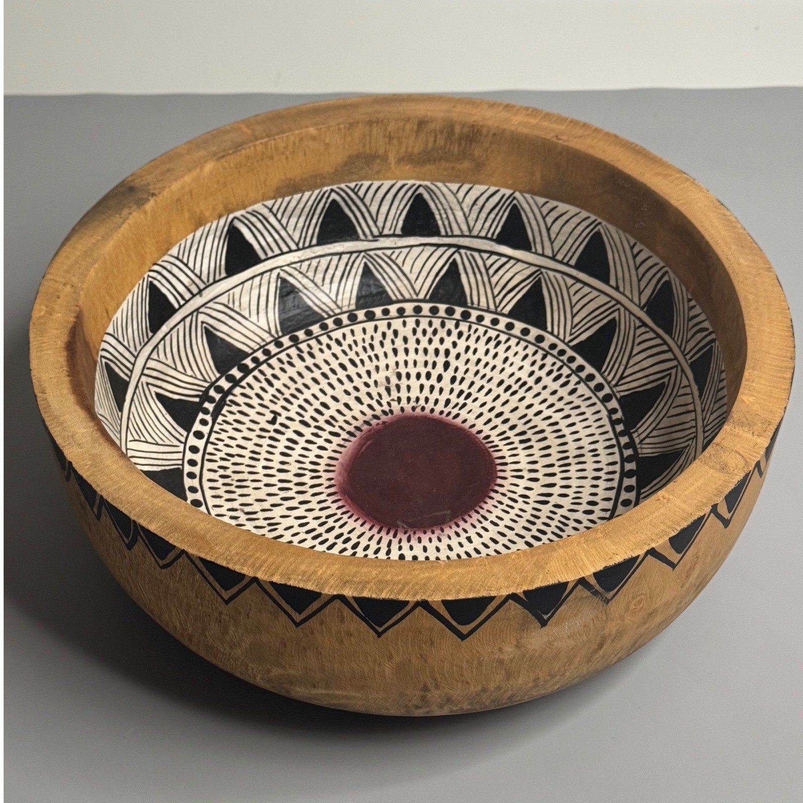 Hand Painted African Tribal Geometric Wooden Bowl 13.5&Prime; Large Centerpiece