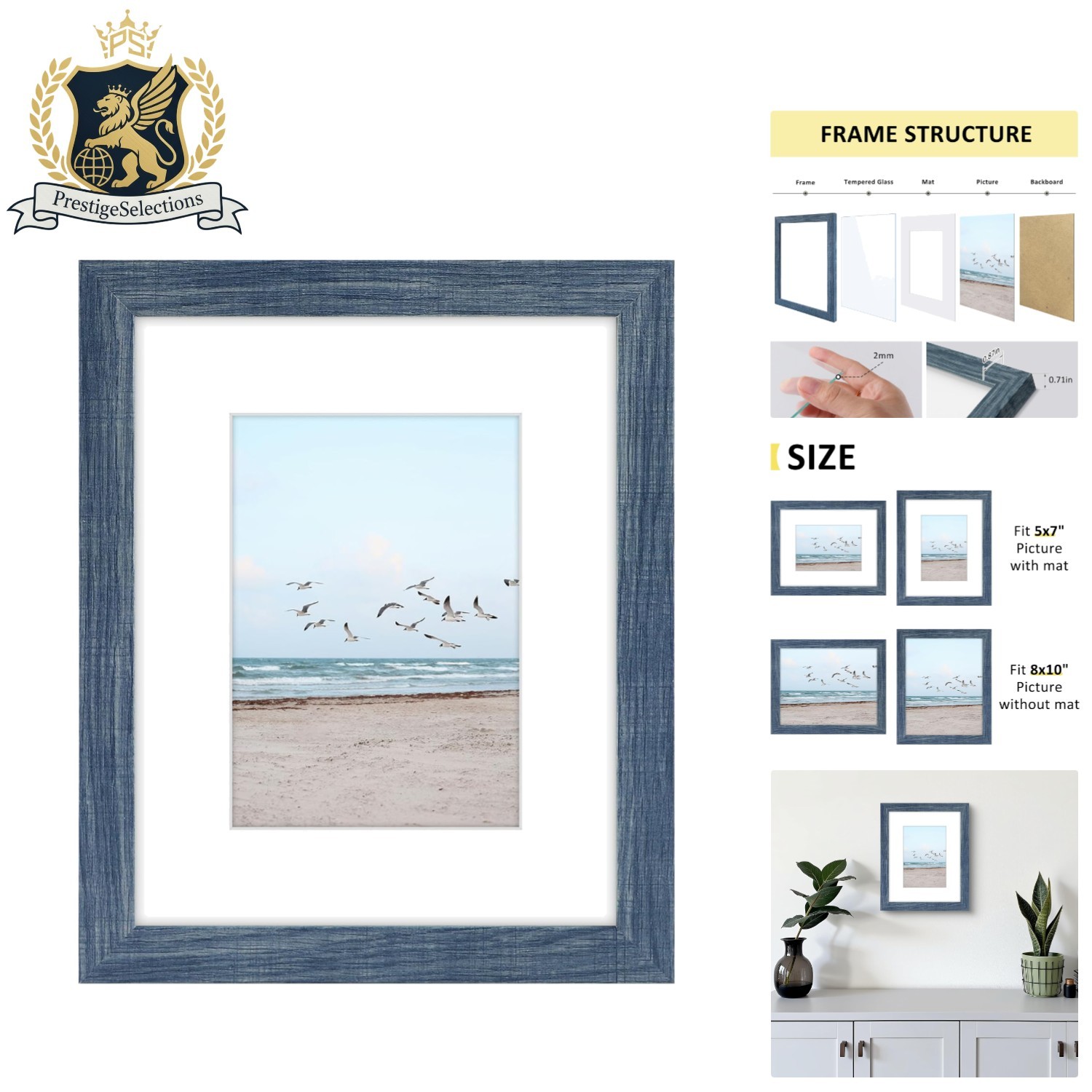 Versatile Blue 8×10 Frame with Removable Mat for Vertical or Horizontal Display
