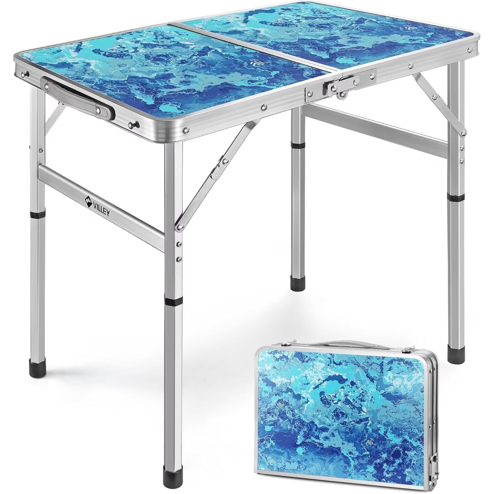 VILLEY Folding Camping Table 2FT, Adjustable Height Portable Aluminum Picnic