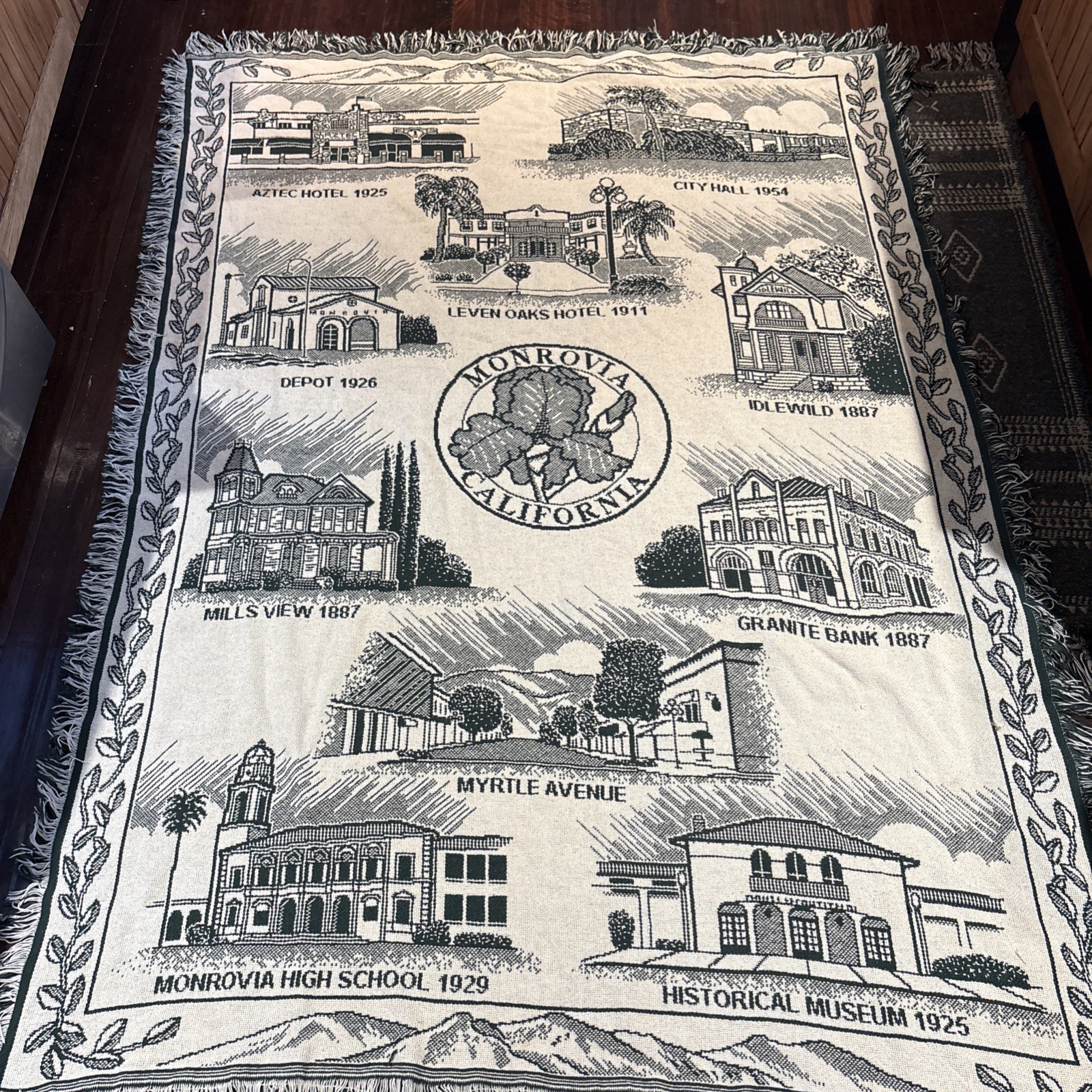 Monrovia CA Woven Throw Blanket 68×47”Fringed Tapestry Reversible Town Landmarks