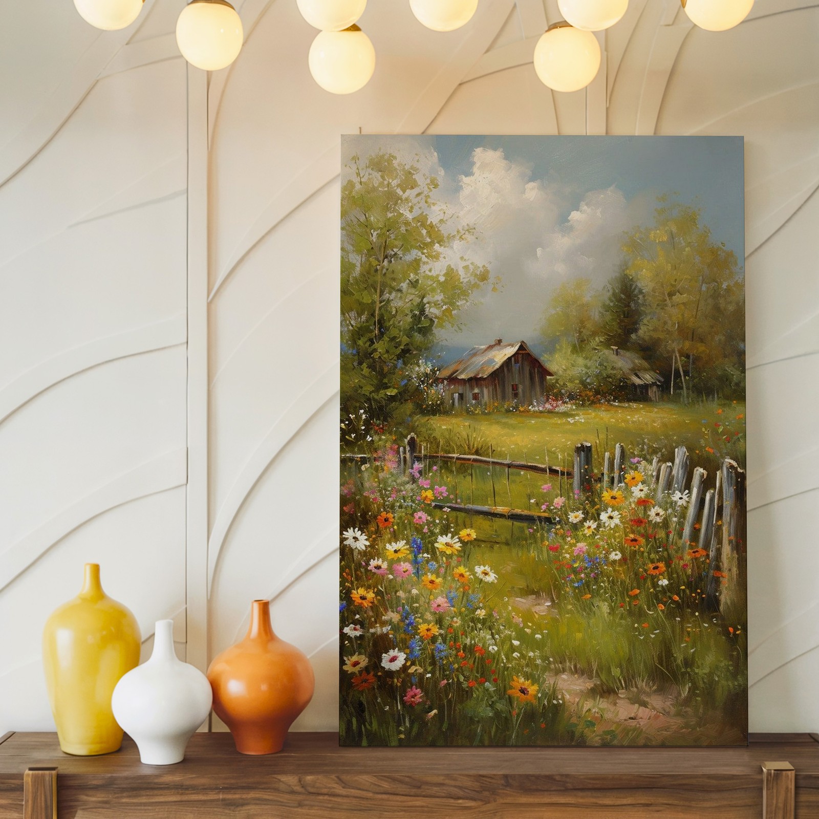 Rustic Country Landscape Canvas Wall Art Floral Meadow Barn Scene Decor Print