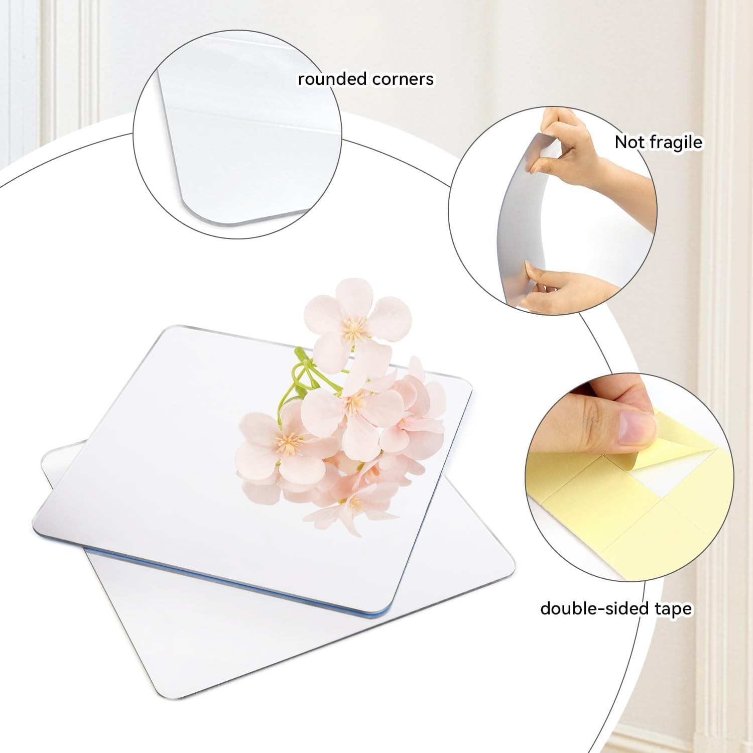 Lightweight Self-Adhesive Acrylic Mirrors – 2 Pack, Ideal for Any Room, 6×6 inch