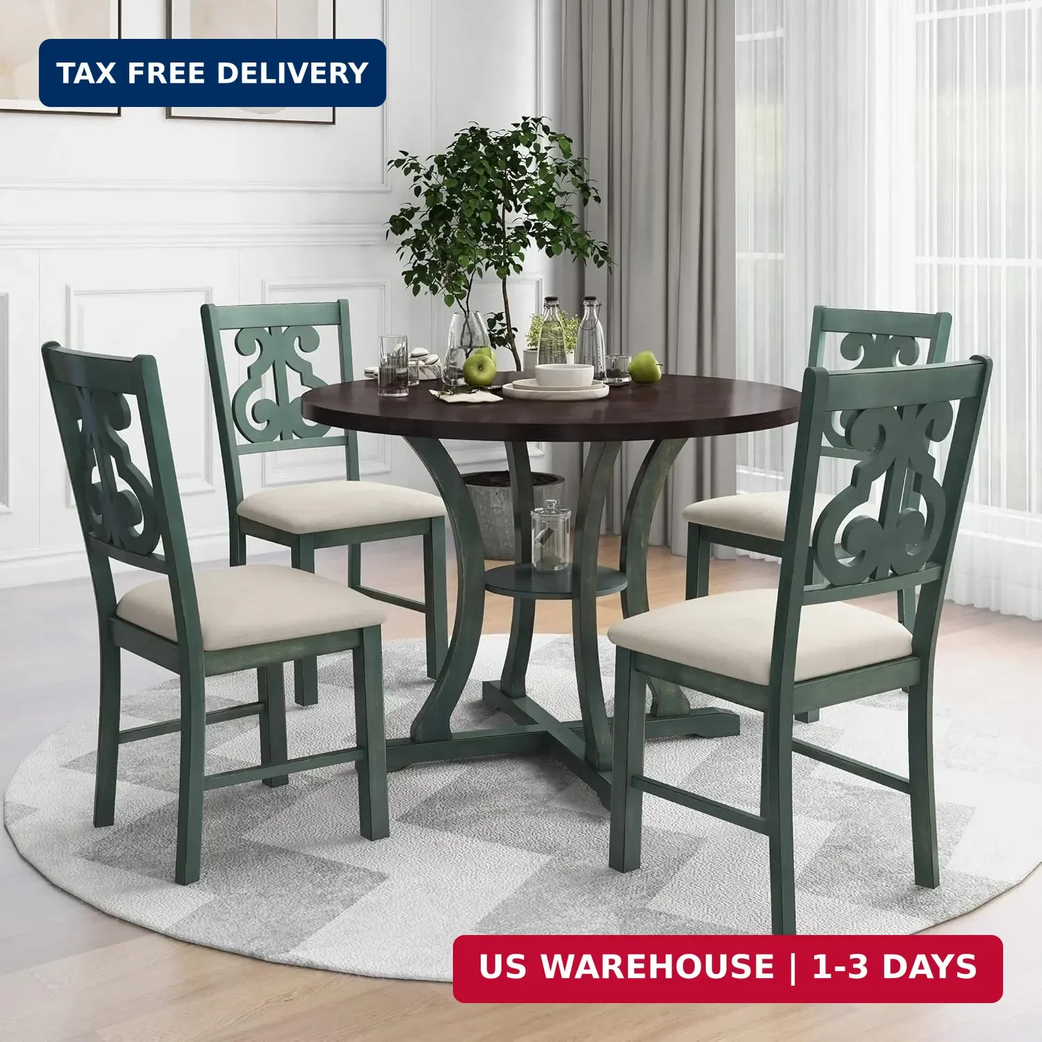 Merax 5 Piece Round Dining Table Set 4 Retro Chairs Antique Blue Kitchen Room