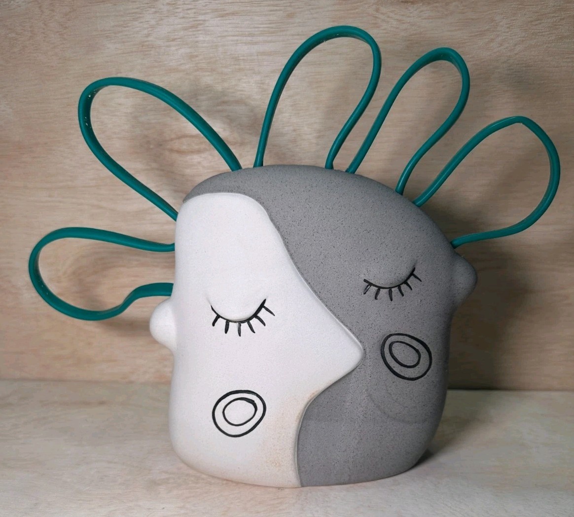 Modern Abstract Face Planter Vase Ceramic Two-Tone Grey White Teal Wire Accent