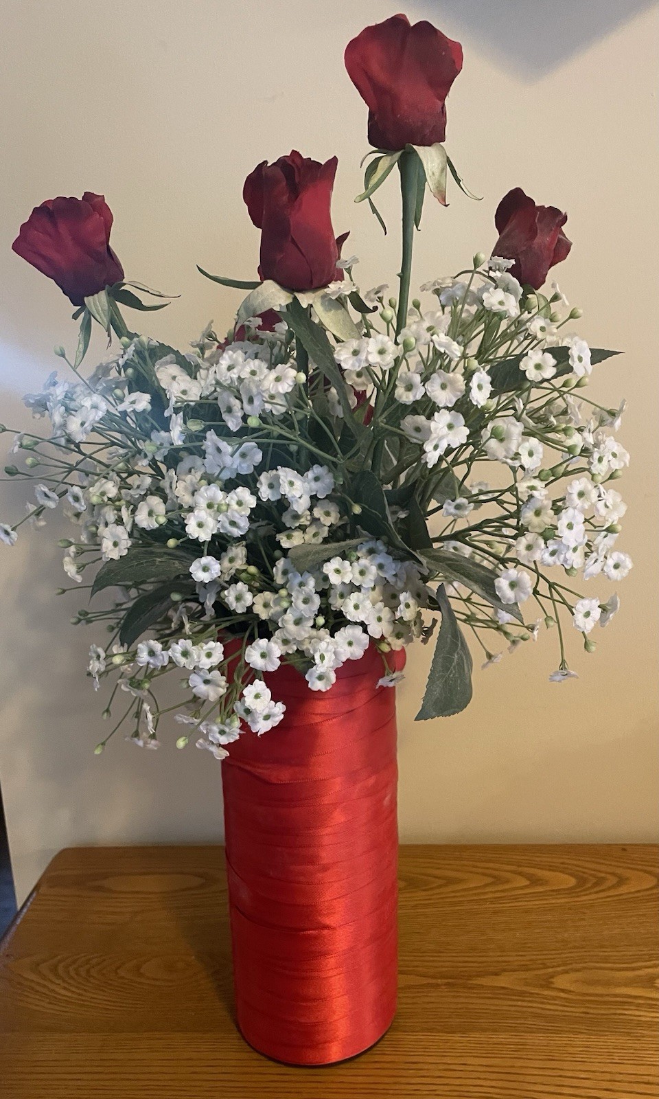 Silk Red Roses and Baby’s Breath Mothers Day Arrangement Glass Vase Red Ribbon