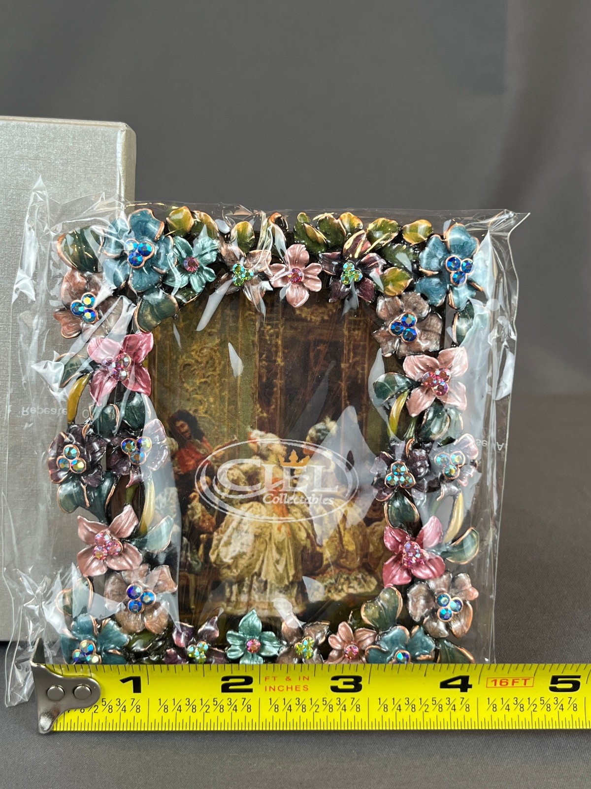 New Ciel Enamel & Swarovski Floral Crystal Photo Frame 4 ½” x 4” w/Box (D)
