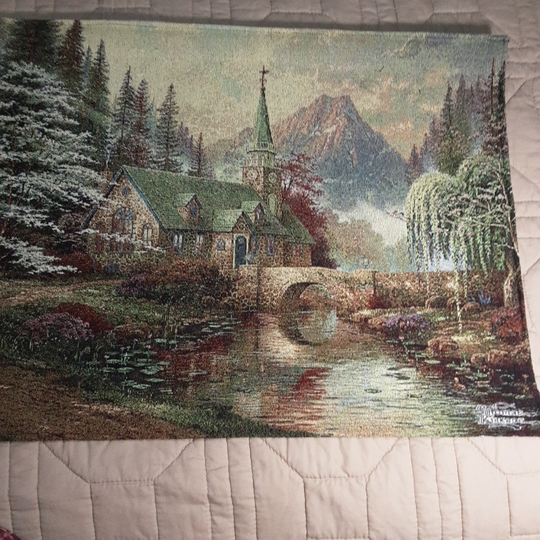 Thomas Kinkad Double Sided Lighted Tapestry 35&Prime; X 25&Prime; Church In Winter/Summer