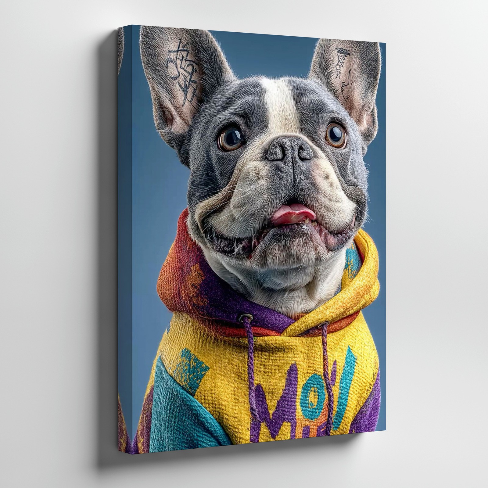 Colorful Hoodie French Bulldog Canvas Wall Art For Pet Lovers Home Decor Print