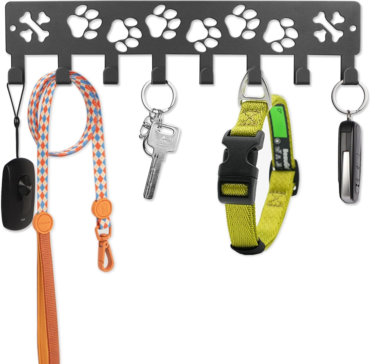 Key Holder Wall Mount Dog Leash Holder Metal Rack 8 Hooks Black Paws Organizer