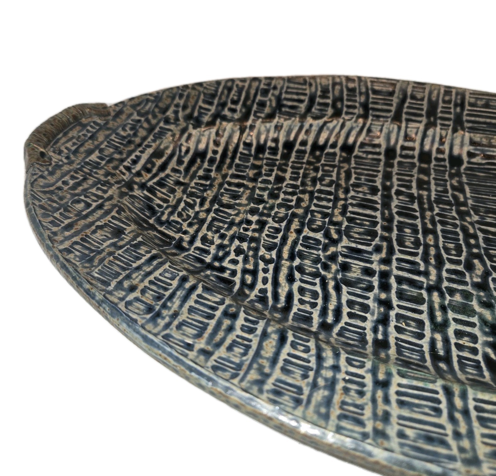 Studio Art Pottery Oval Serving Platter Tray Blue Mosaic Geometric Design Signed