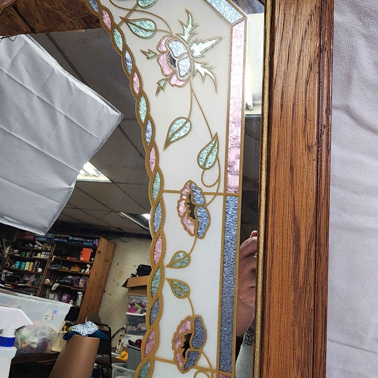 Vintage Cottagecore Floral Etched Stained Glass Mirror Octagon 1980s 90s 21&Prime;x31&Prime;