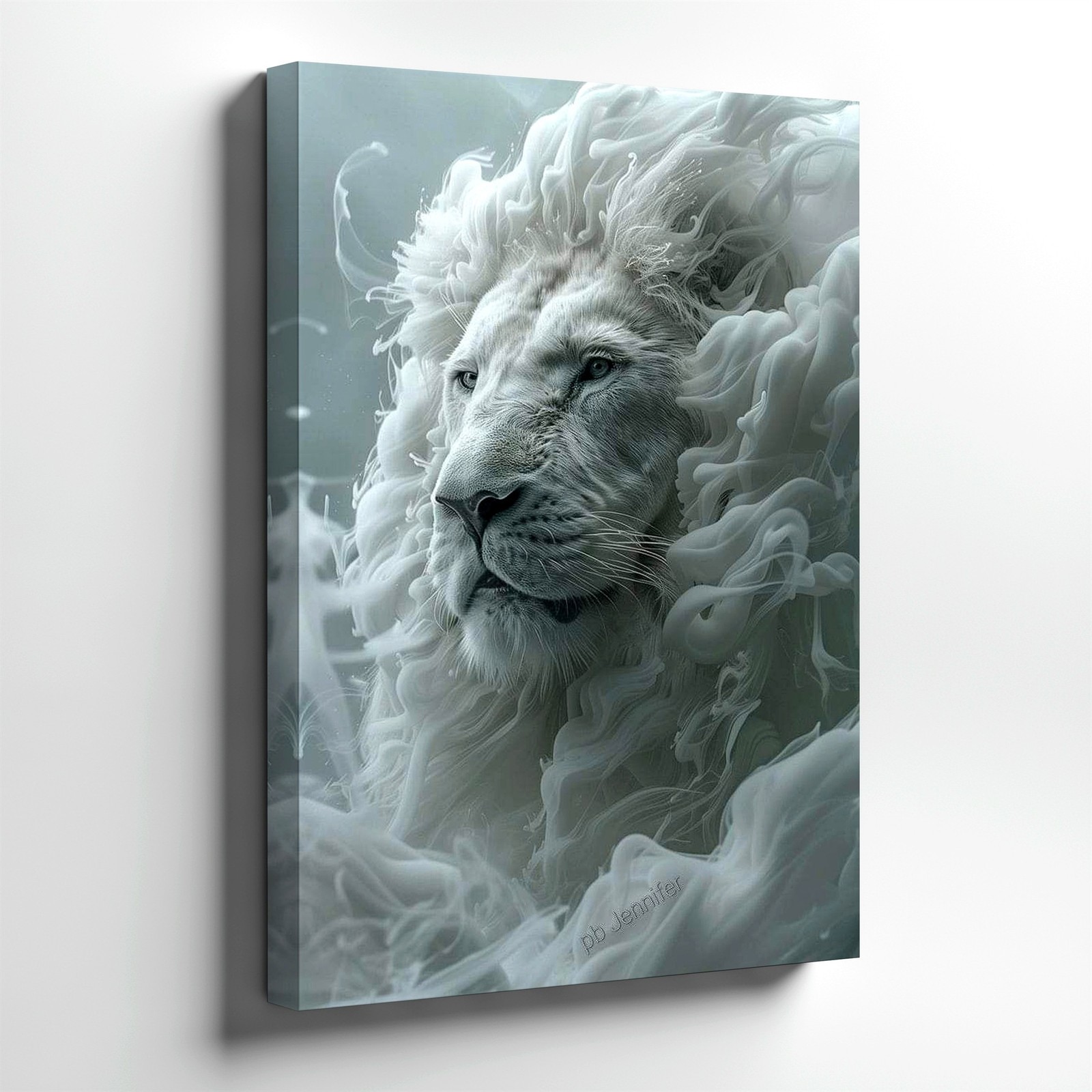 Wall Art White Lion Portrait Canvas Print Gold Accents Fantasy Animal Decor