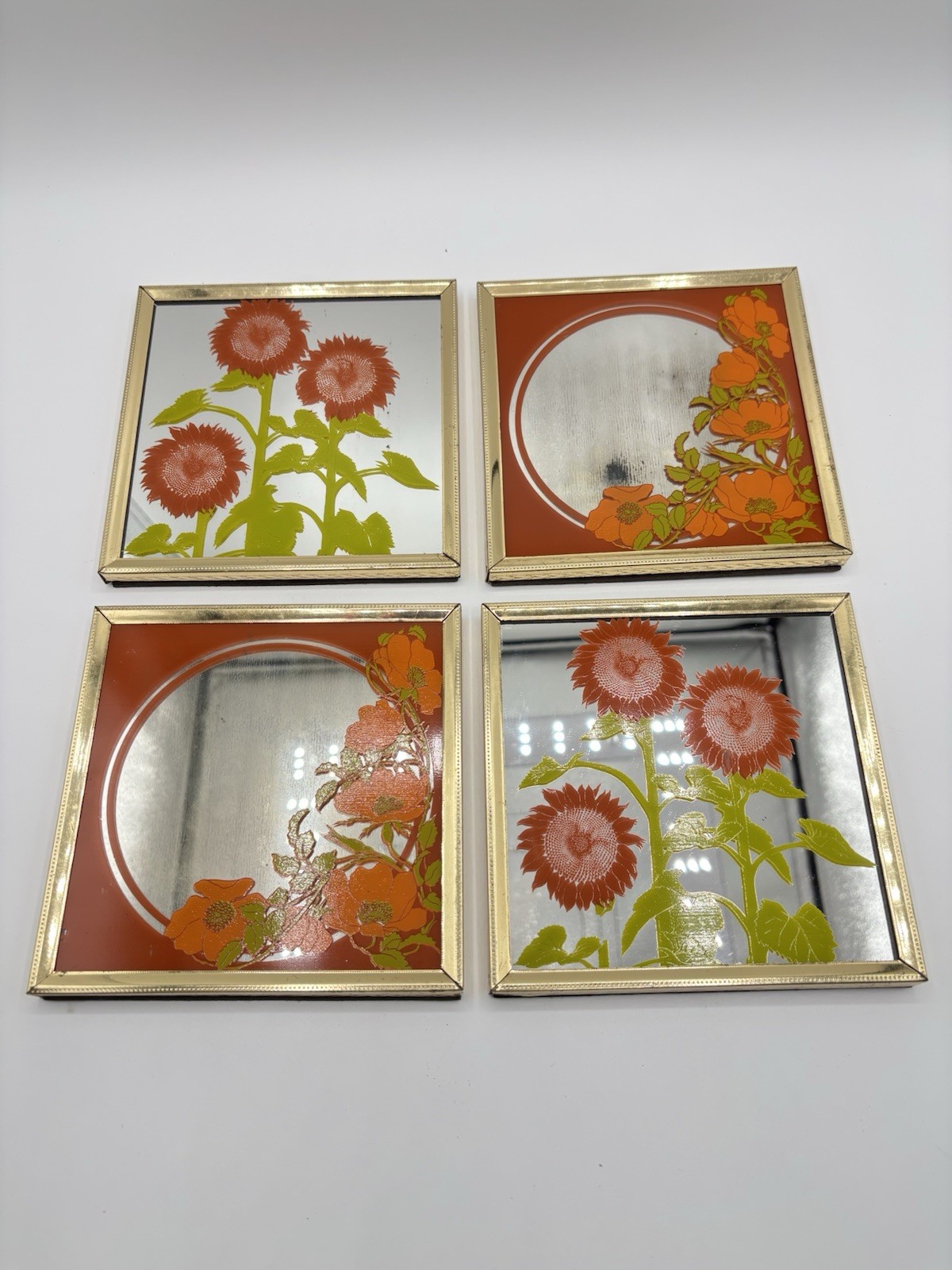Vintage MCM Jim Roslof Style Screen Printed Mirror Decor Rust Color Florals Set