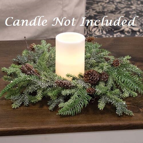 NEW PRIMITIVE CANDLE RING GLITTERING PINE CHRISTMAS FARMHOUSE 5.5&Prime; x 15-16&Prime;W