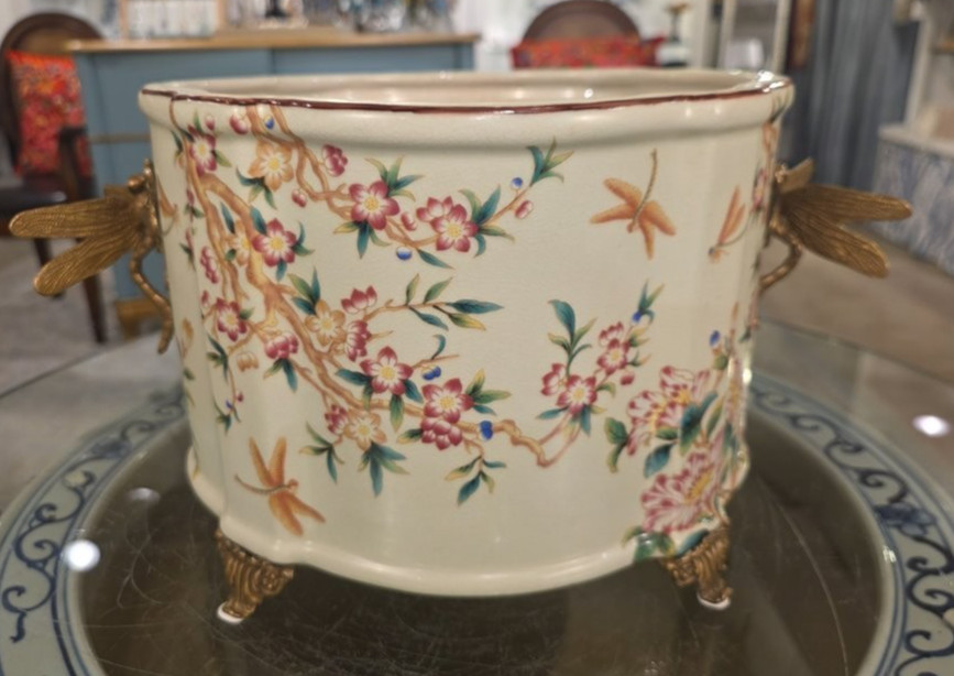 Porcelain Oval Planter with Ormolu Dragonfly Handles-Floral Vine-14 » x 8 »H