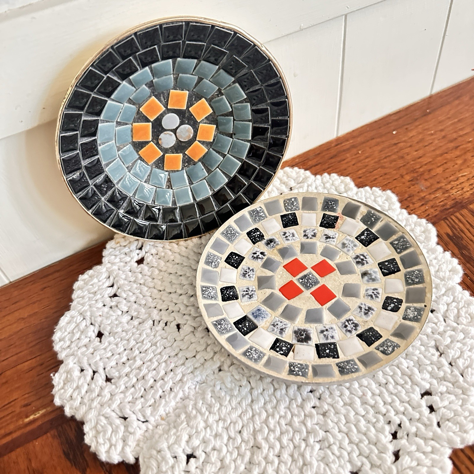 Vintage Round Mosaic Tile Trinket Dishes Colorful