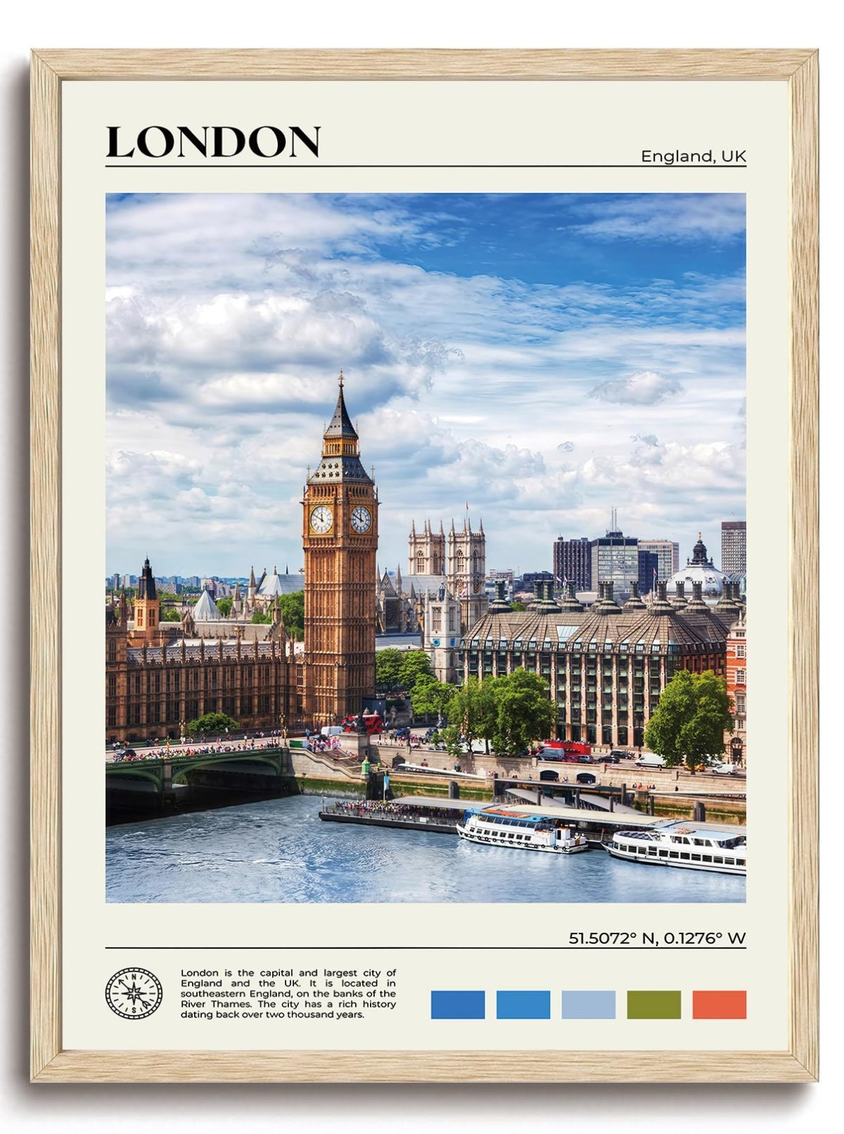 Oak Wood Framed London Canvas Wall Art – Aesthetic City Landscape Decor for Home