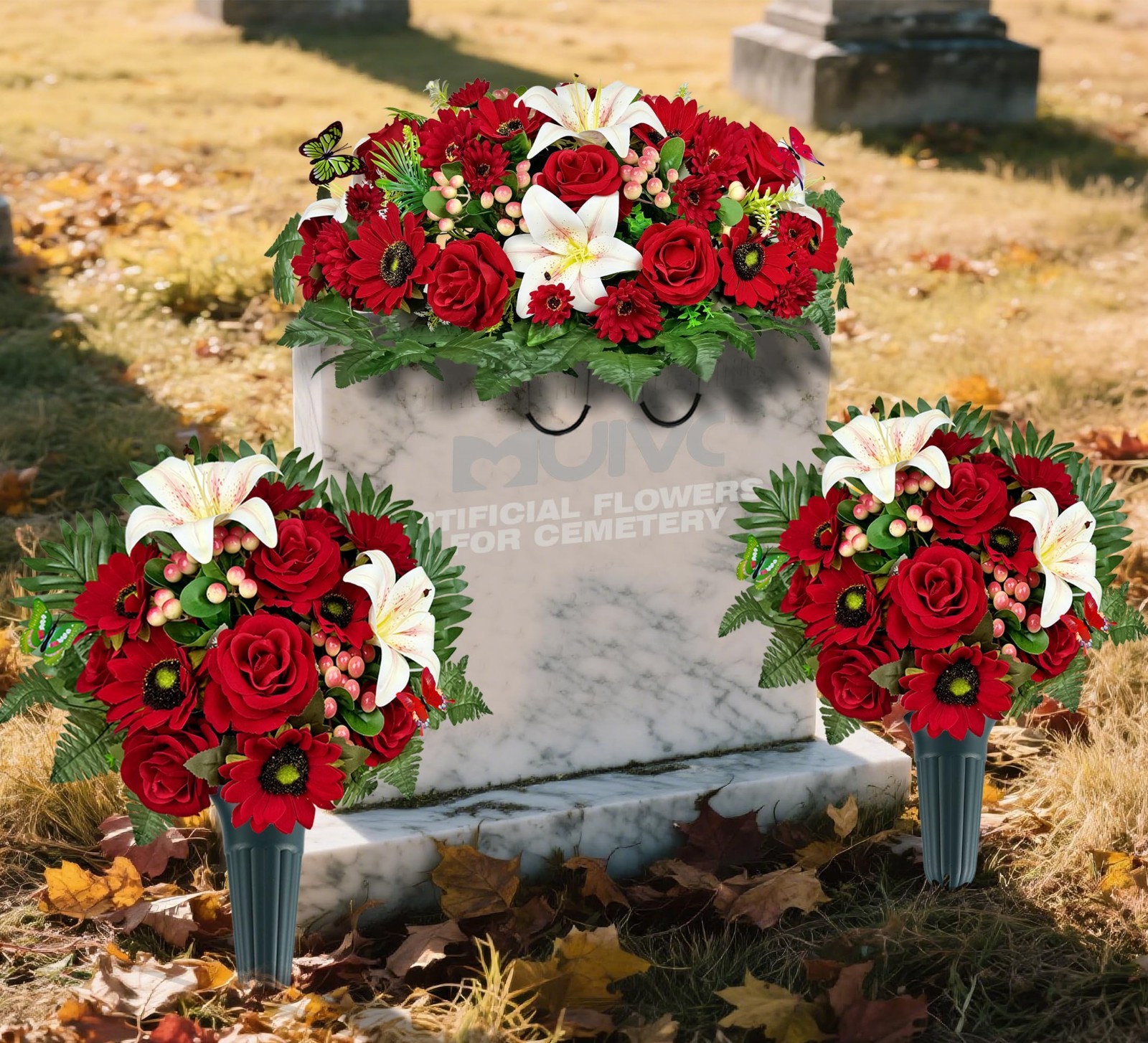 Artificial Cemetery Flower Bouquets – 3-Piece Headstone Saddle Set, Colorfast Ro