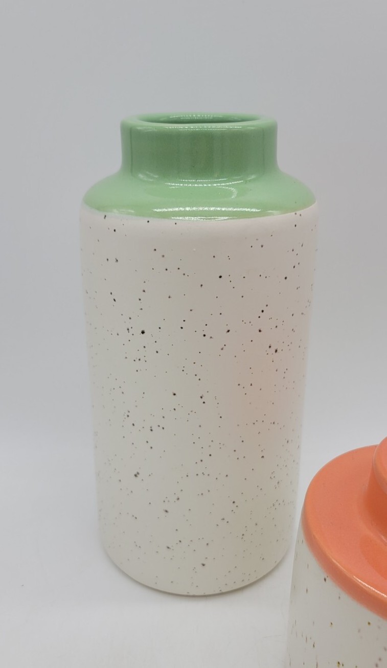 2pc Mint Green & Coral Dipped Speckled Stoneware Vases Modern Cottagecore Pier 1