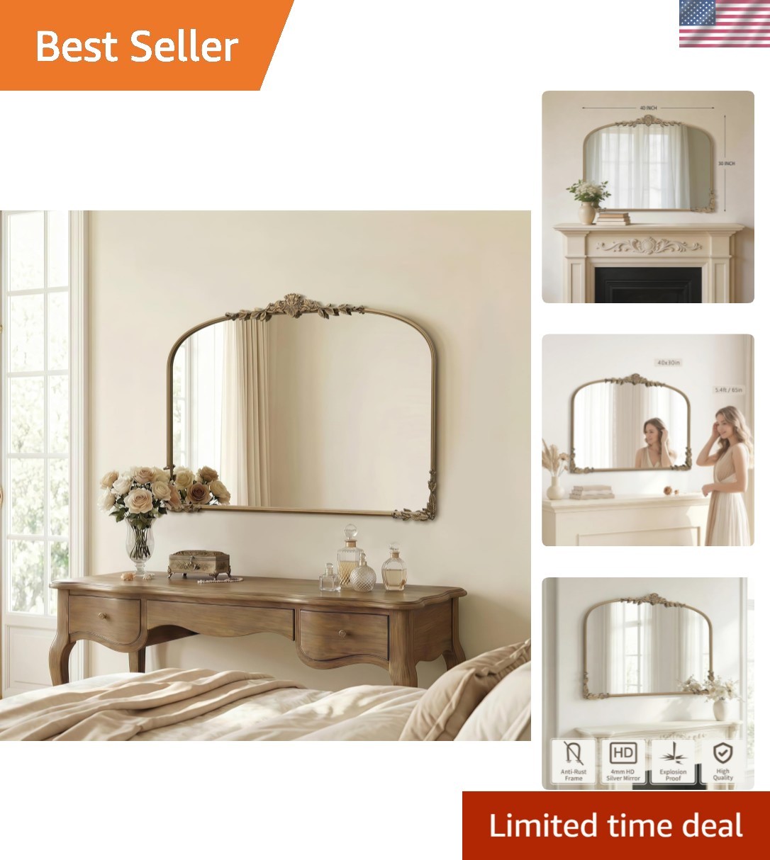Large Gold Arched Mirror: 40&Prime;x30&Prime; Matt Gold Baroque Vintage Wall Mirror – Tra…