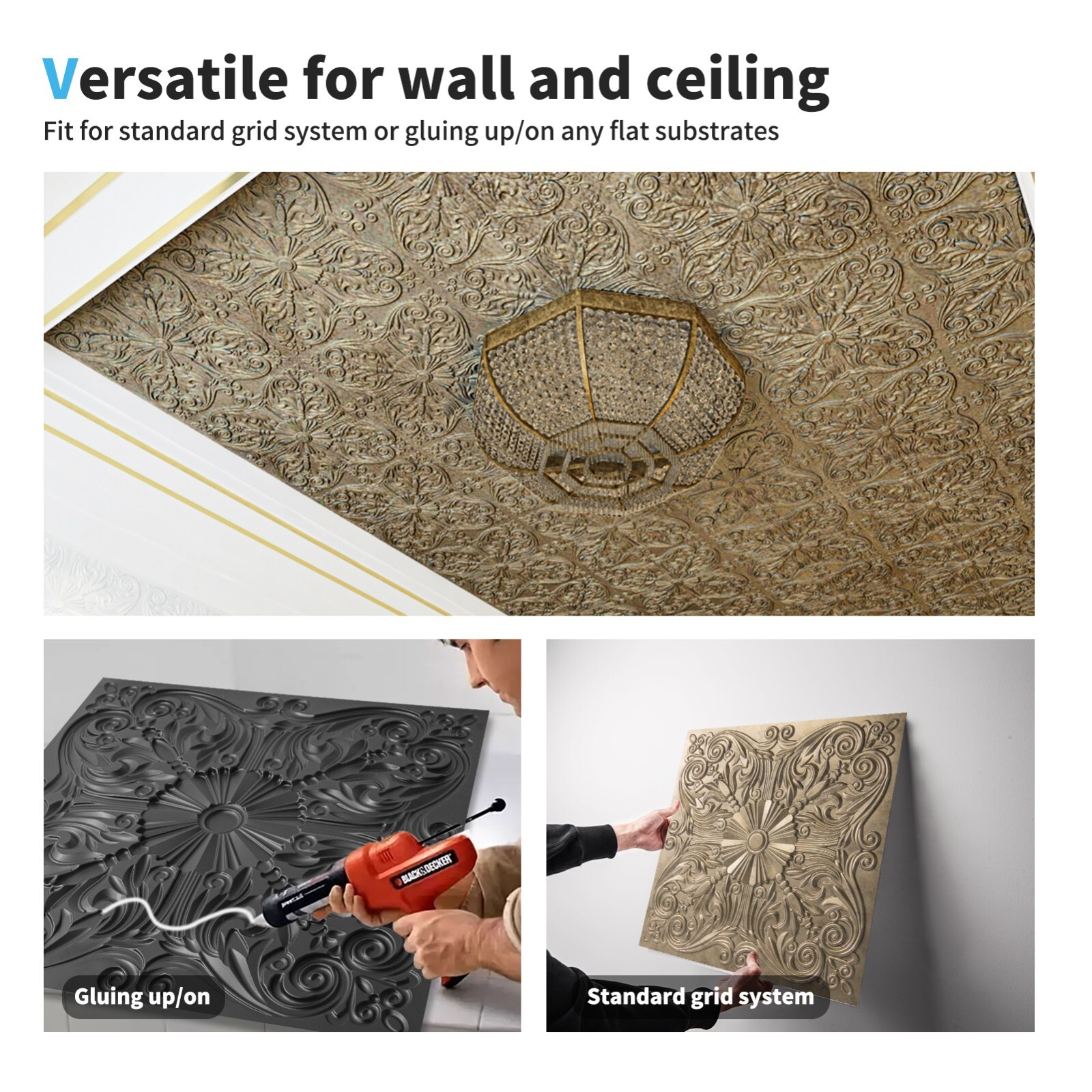 Art3d 2×2 ft. PVC Decorative Ceiling Tile in Antique Gold,Glue Up/Grid,12 pack