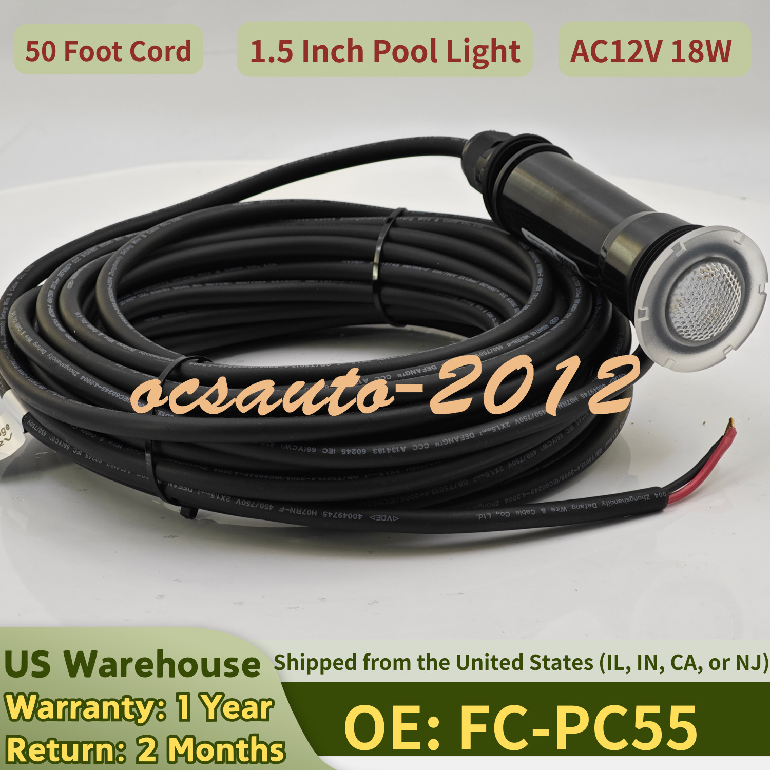 50Ft Cord, 1.5 Inch Pool Light for Inground Pool AC12V 18W 7 RGB Color FC-PC55