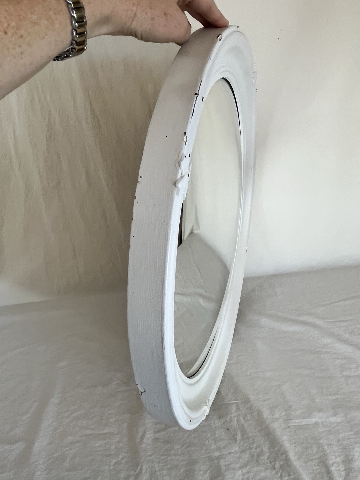 Vintage Round Wood Convex Mirror Painted White with X Accent Farmhouse Country