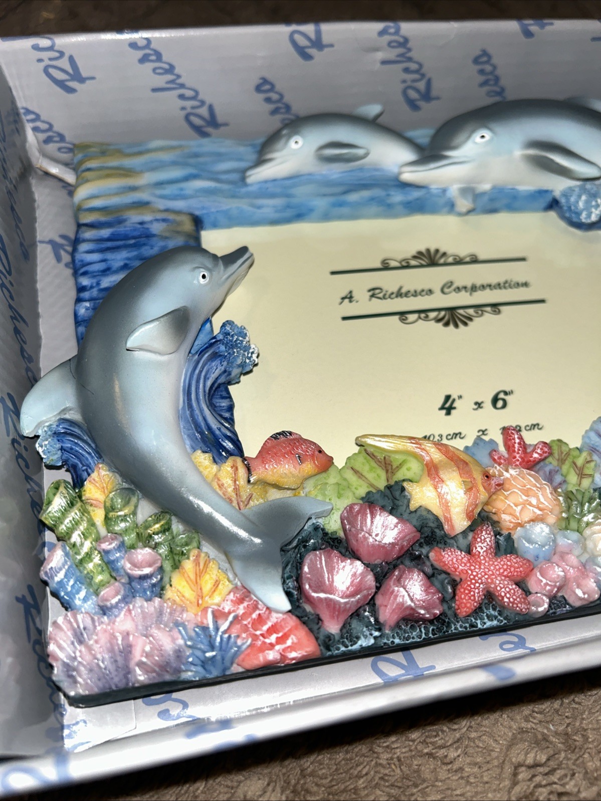 Dolphin Picture Frame 3D A Richardson Corp. 4×6” Hand Panted NIB