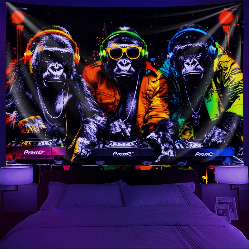 UV Reactive 3D Anime Gorilla DJ Tapestry Polyester 100% Woven Fabric, 160-180gs