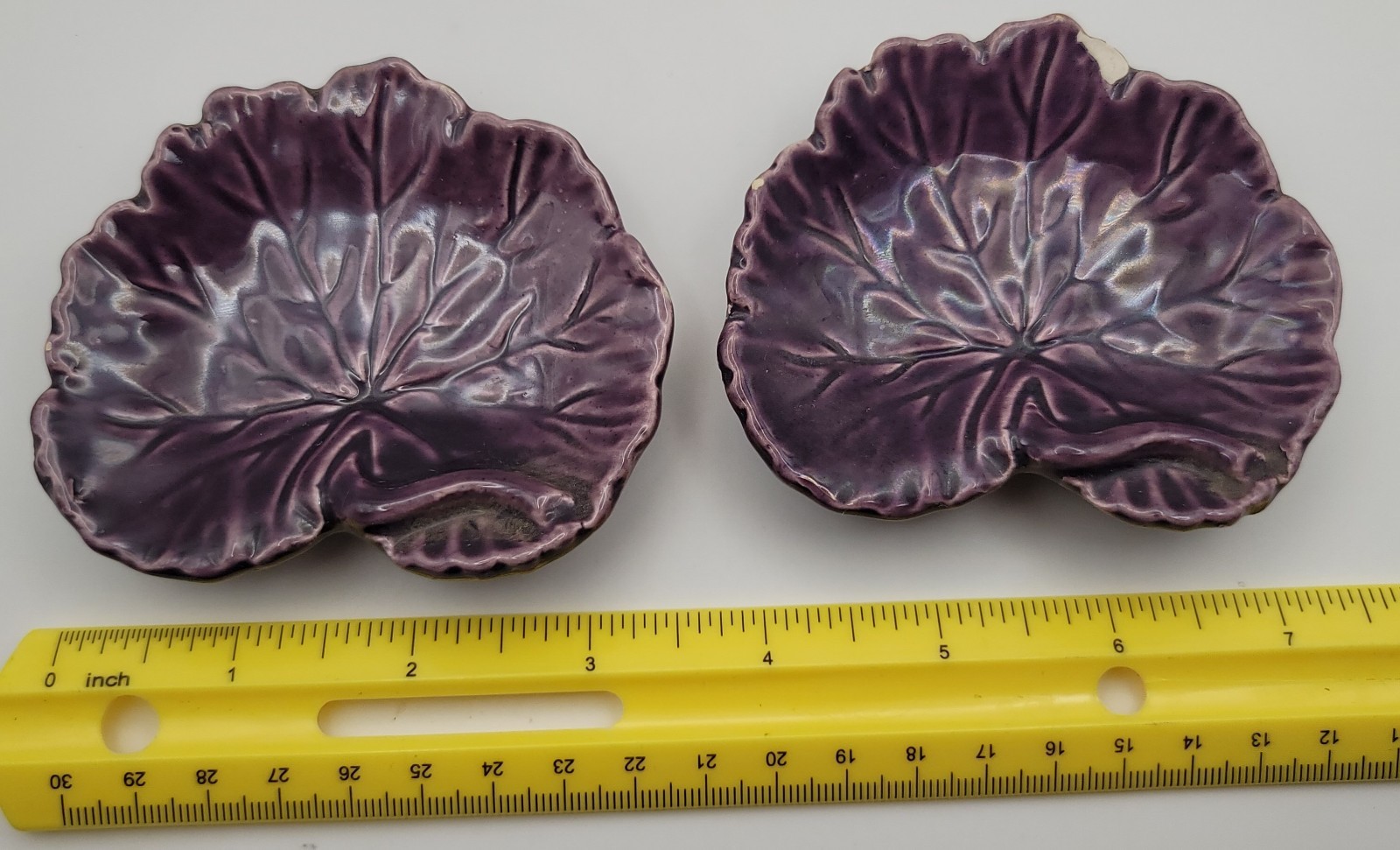 Vintage Purple Iridescent Leaf Ceramic Trinket Dish Set of 2 4×5 Japan