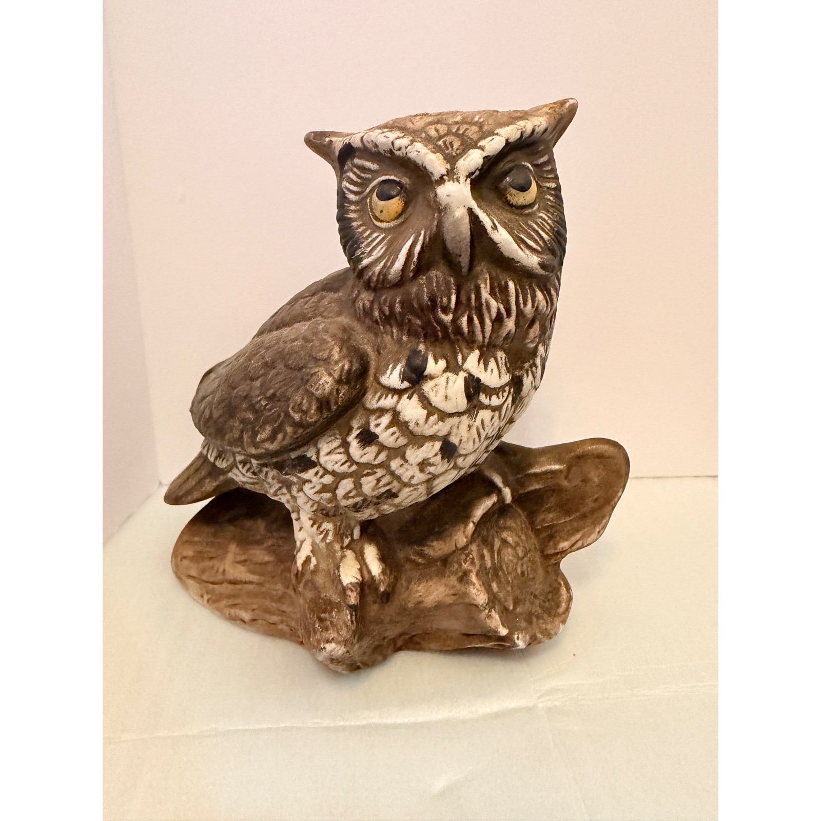 VTG Homco Ceramic Owl Rustic Tree Limb Statue 1114 Brown White Wildlife Cabin