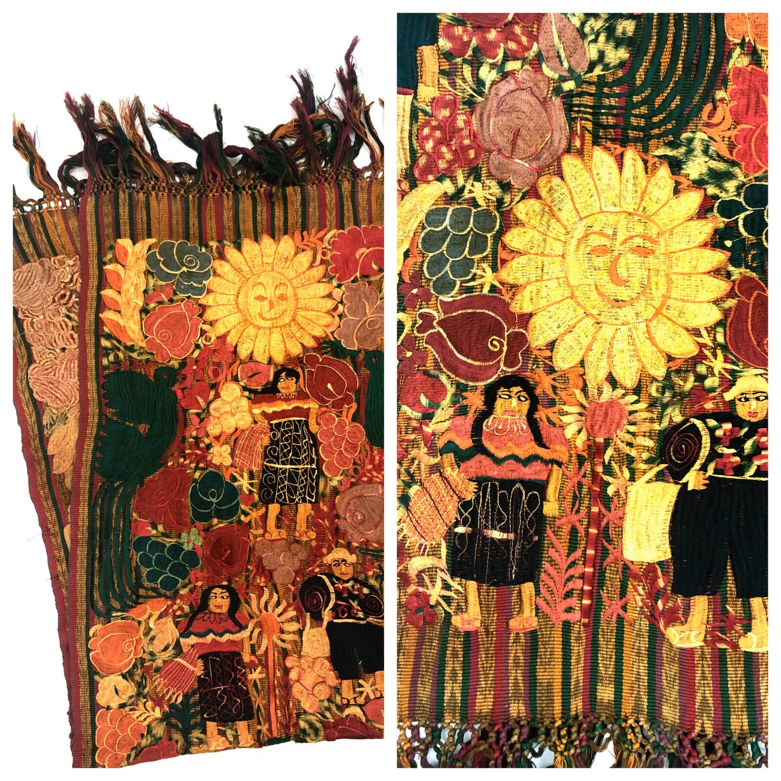 Vintage VTG 1960s 1970s Red Yellow Woven Fringed Embroidered Runner Tapestry