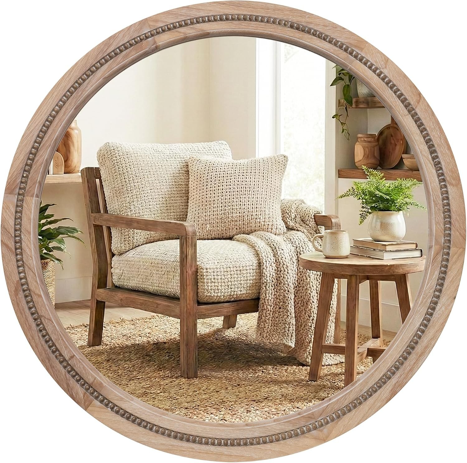 30&Prime; Round Solid Wood Mirror, Handcrafted Beaded Circle, Farmhouse Wall Decor