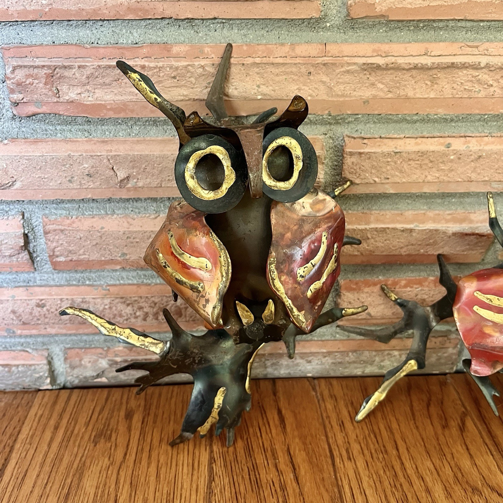 Vintage Pair MCM Brutalist Metal Owls Wall Art Hanging Sculpture Gold Copper